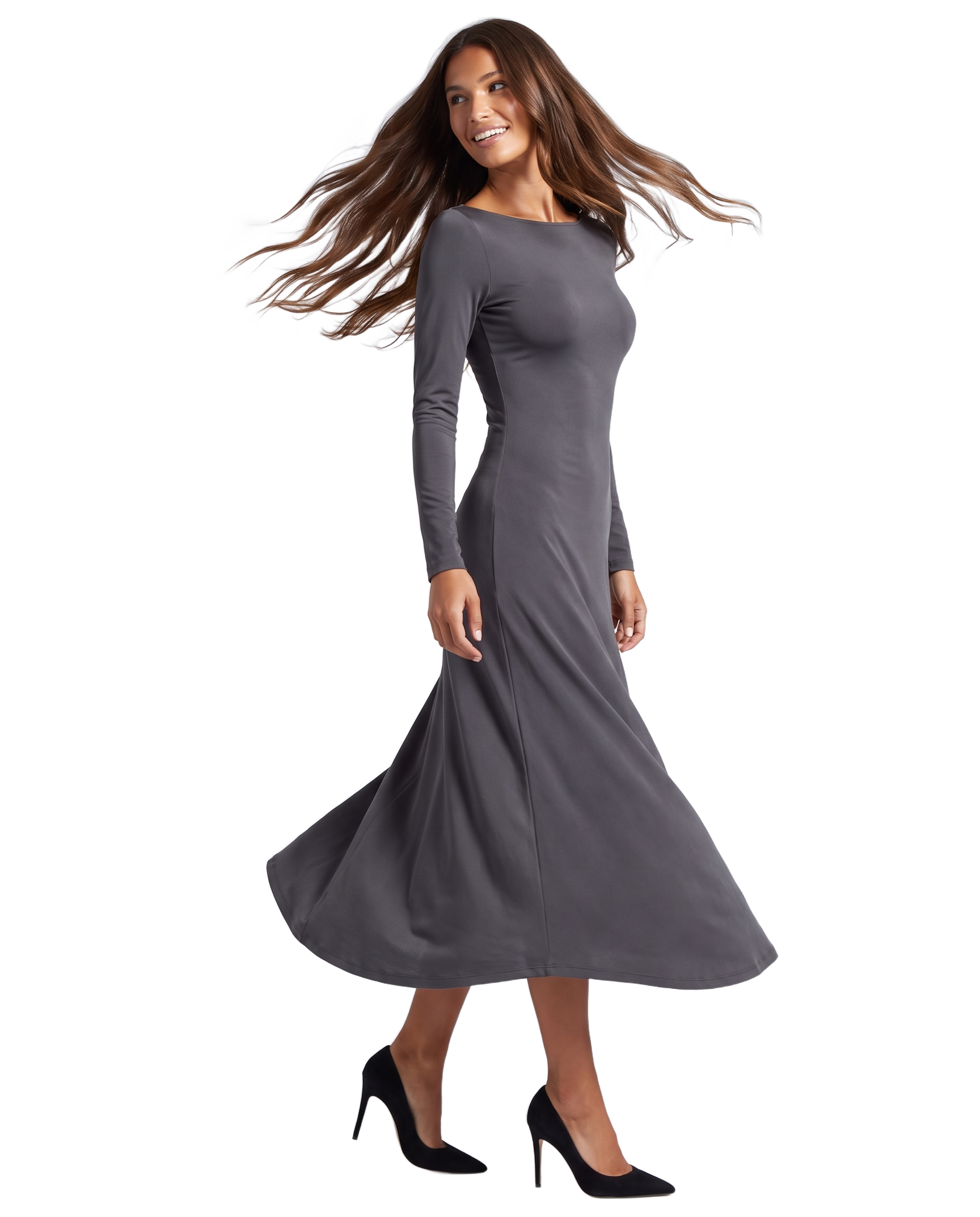 Scarlett Long Open Back Dress Dark Grey - model front