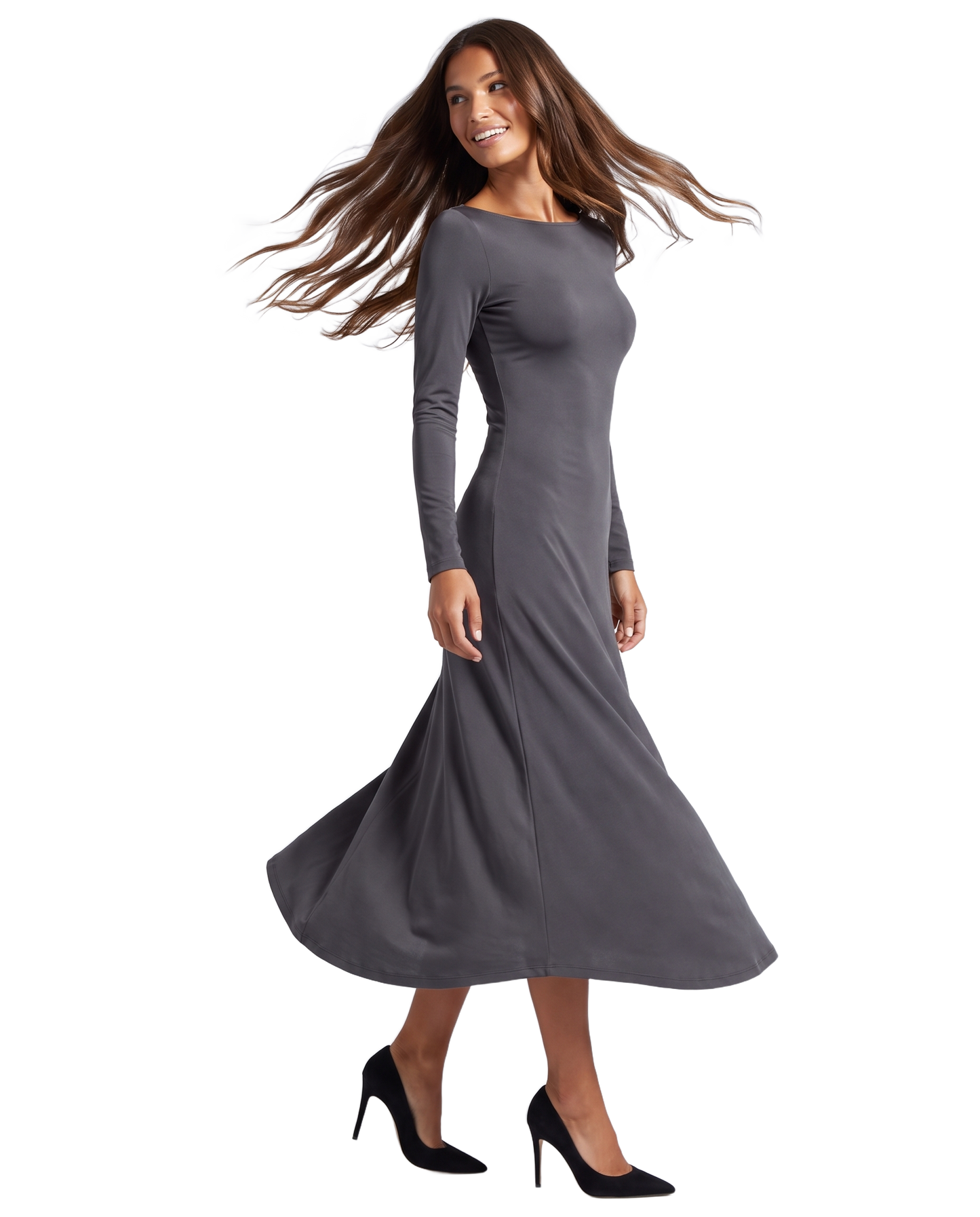 Scarlett Long Open Back Dress Dark Grey - model front