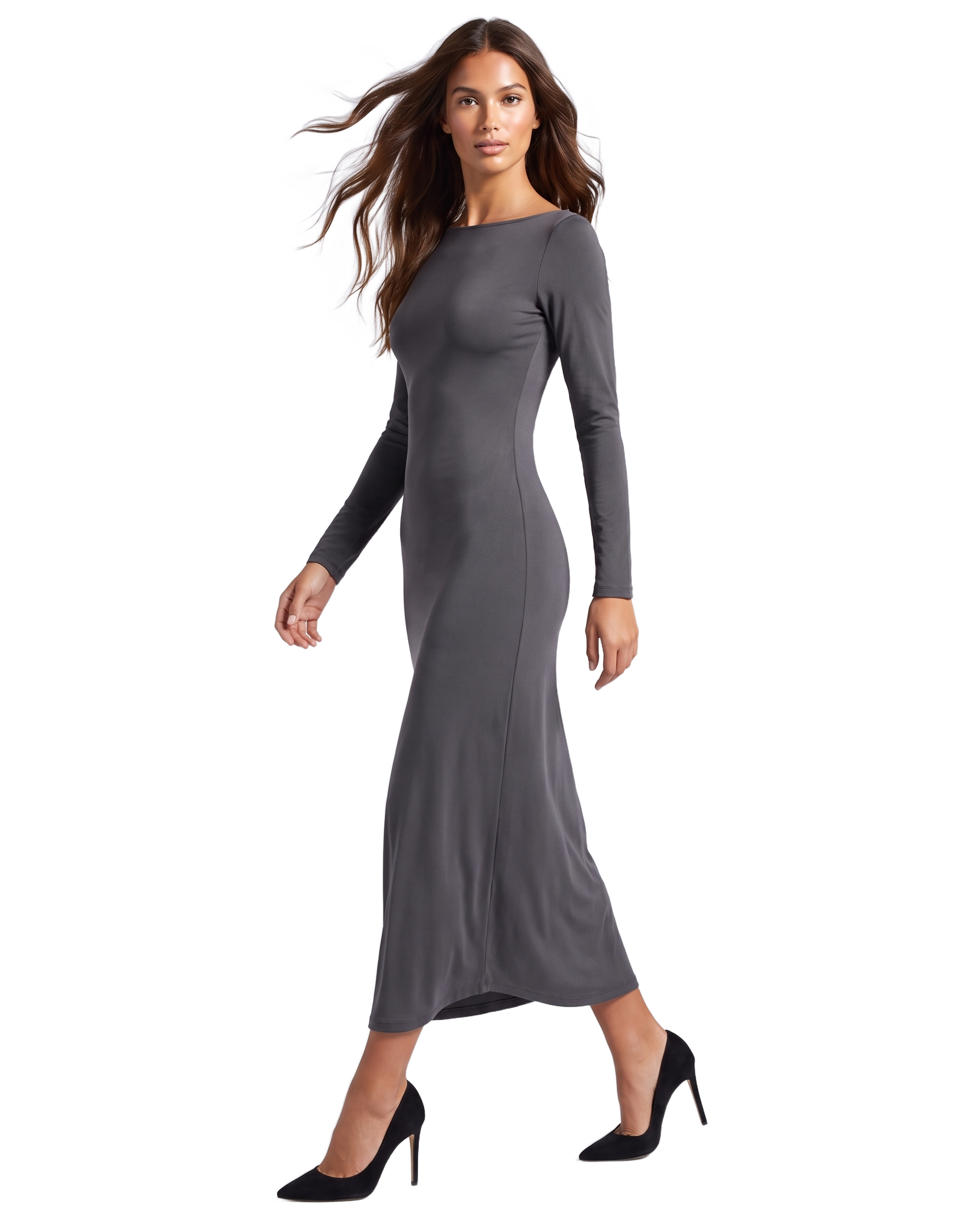 Scarlett Long Open Back Dress Dark Grey - model front
