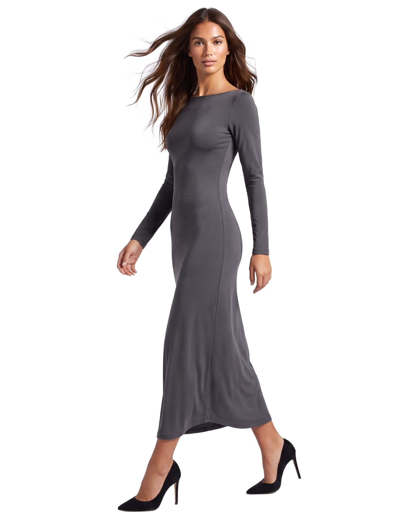 Scarlett Long Open Back Dress Dark Grey - model front