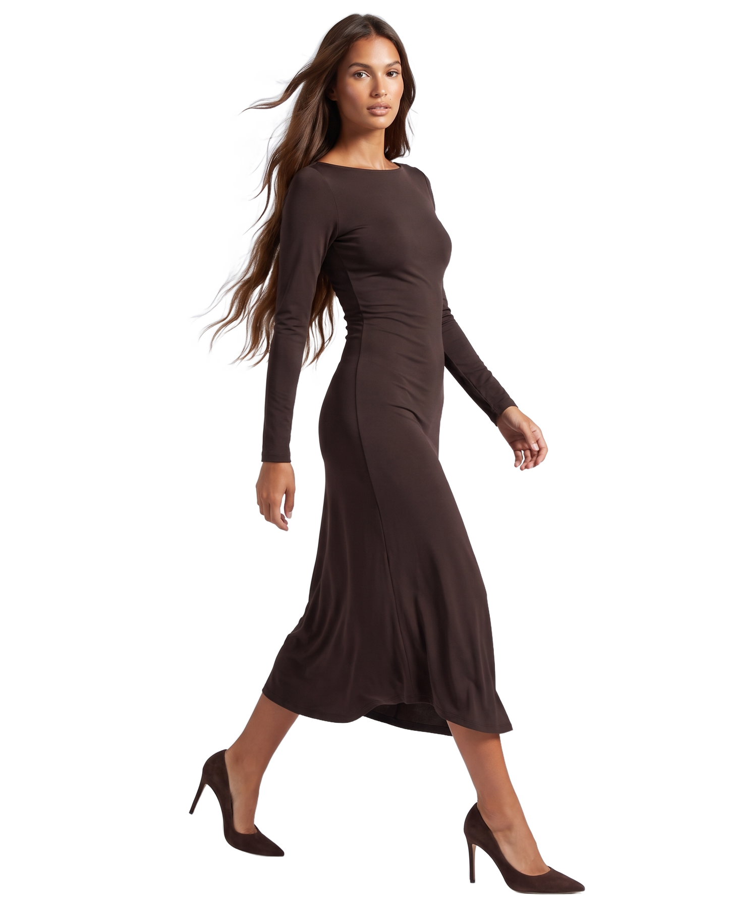 Scarlett Long Open Back Dress Dark Brown - model front