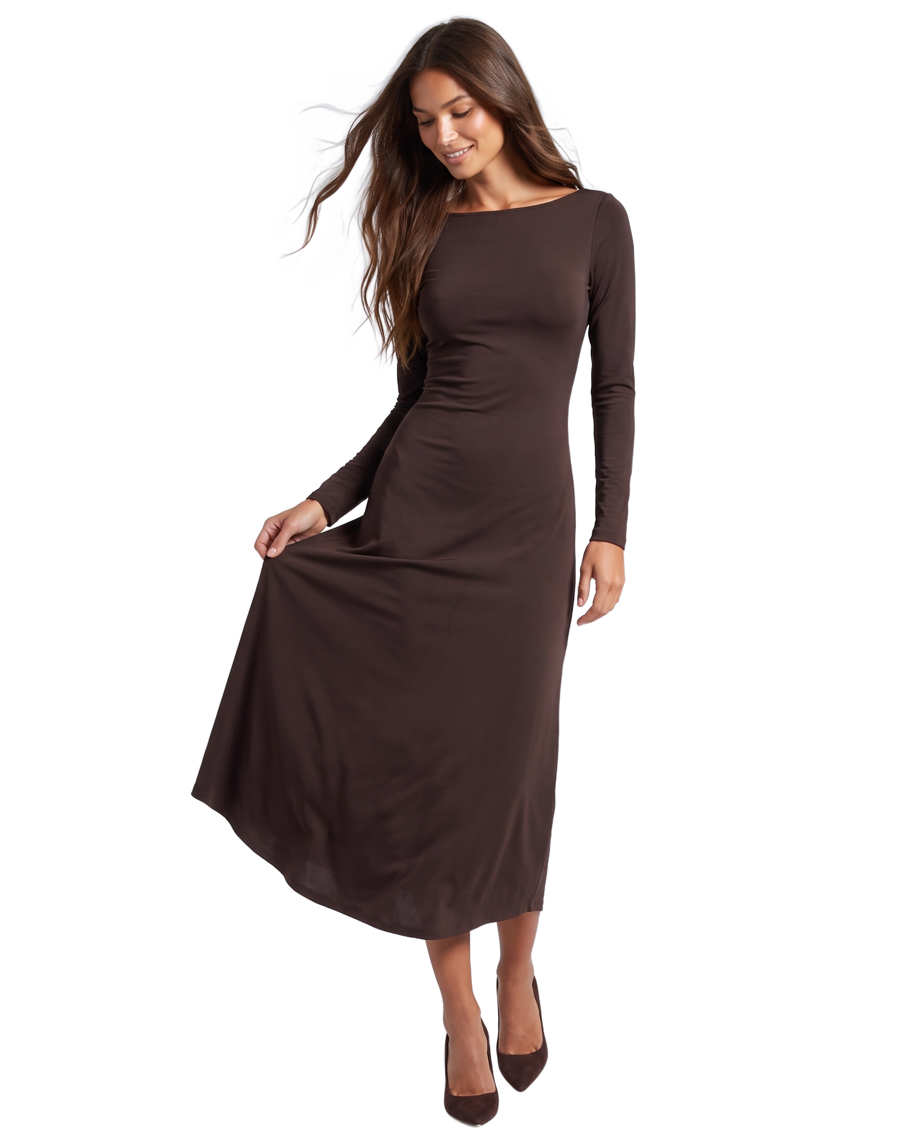 Scarlett Long Open Back Dress Dark Brown - model front