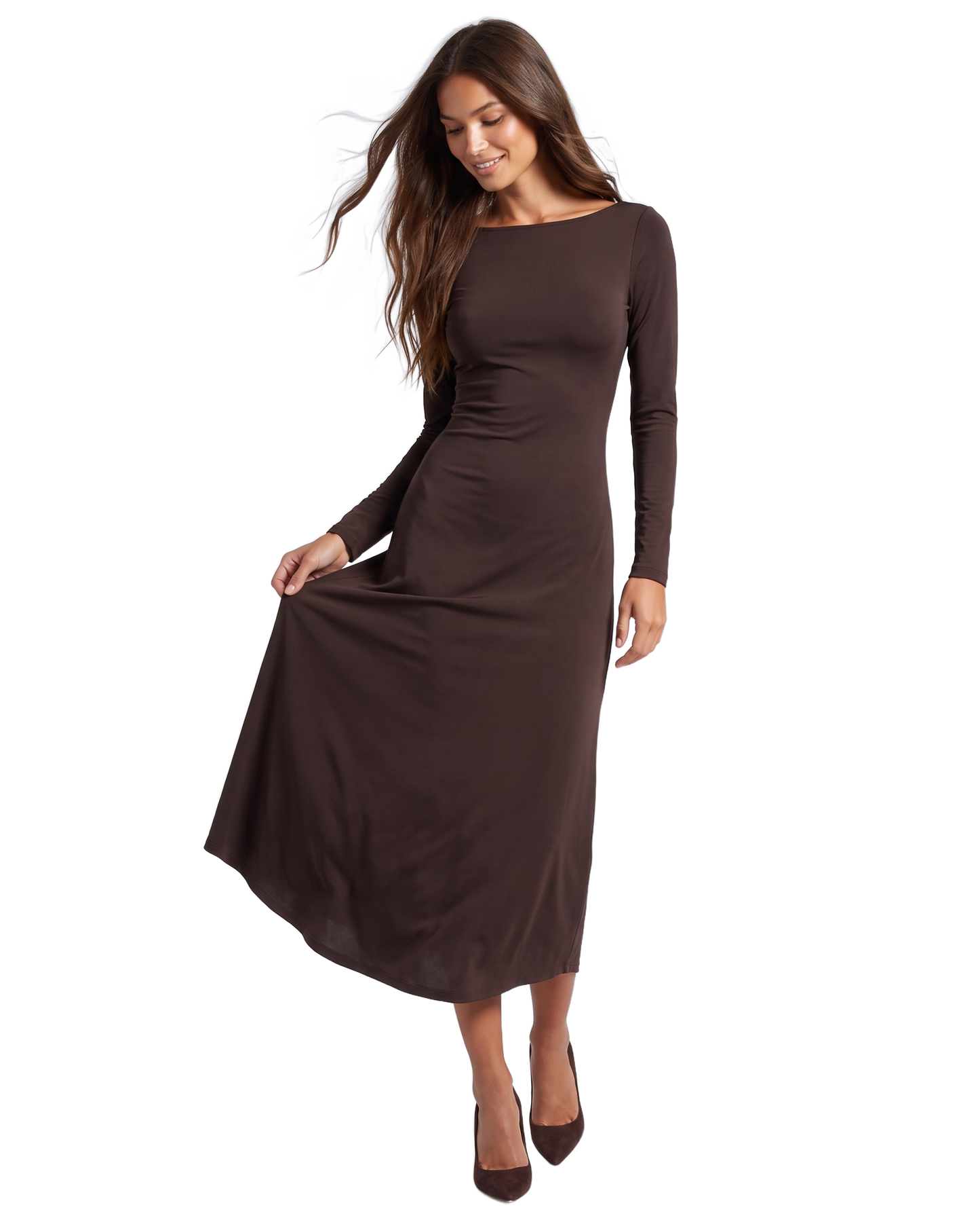 Scarlett Long Open Back Dress Dark Brown - model front