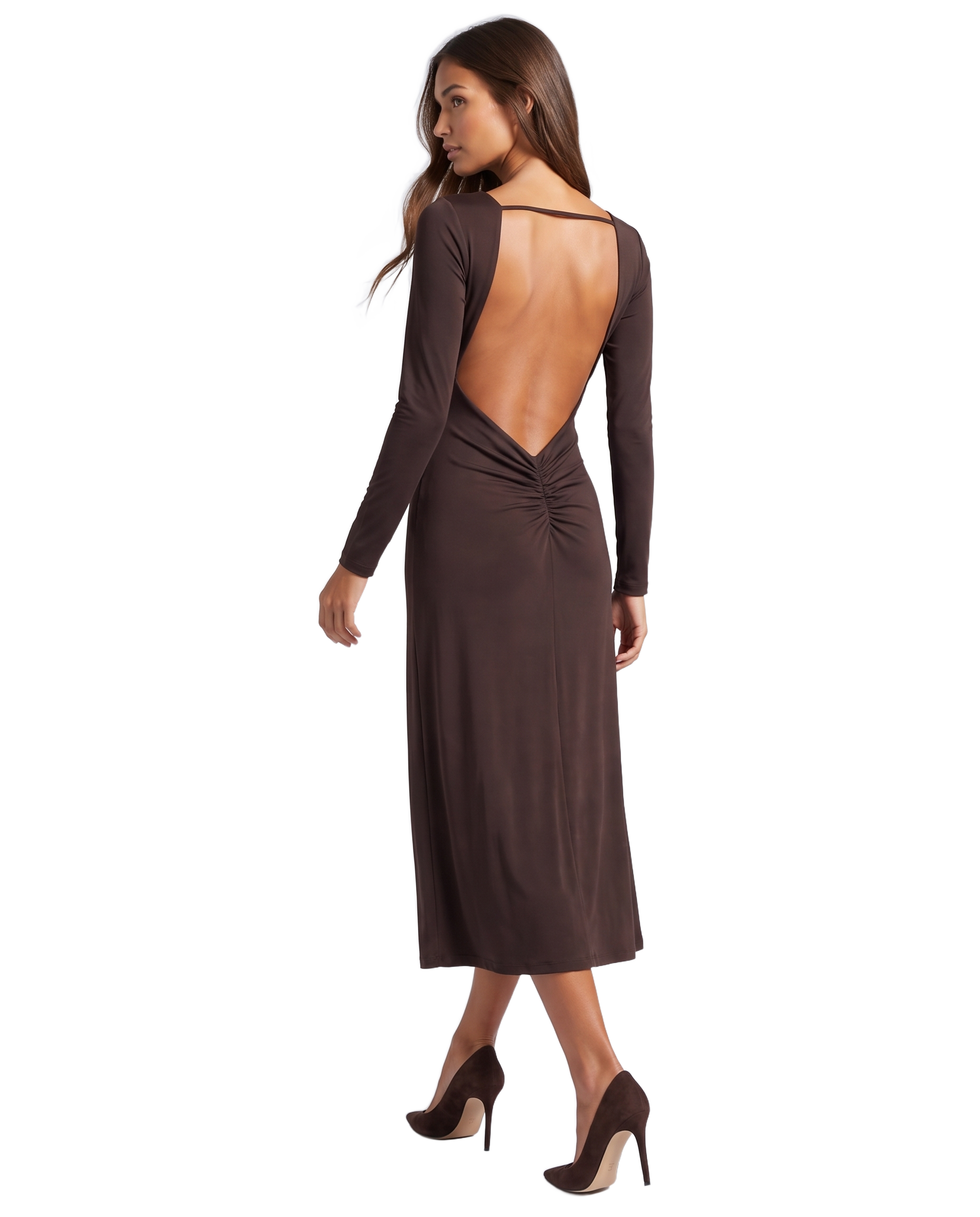 Scarlett Long Open Back Dress Dark Brown - model back