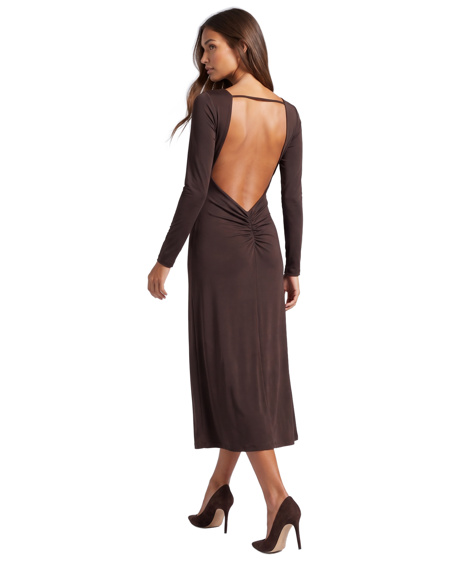 Scarlett Long Open Back Dress Dark Brown - model back