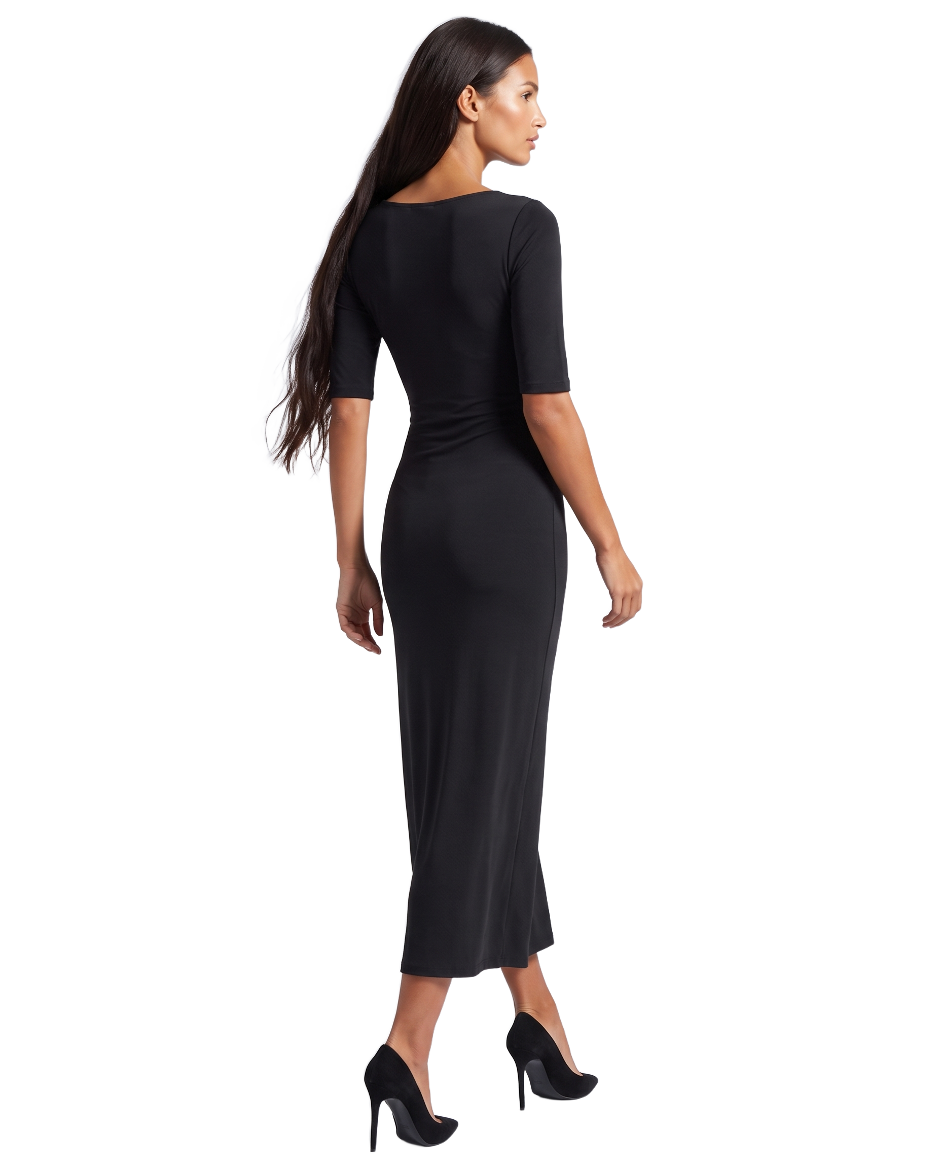 Talia Half Sleeve V-Neck Long Dress Black - model back