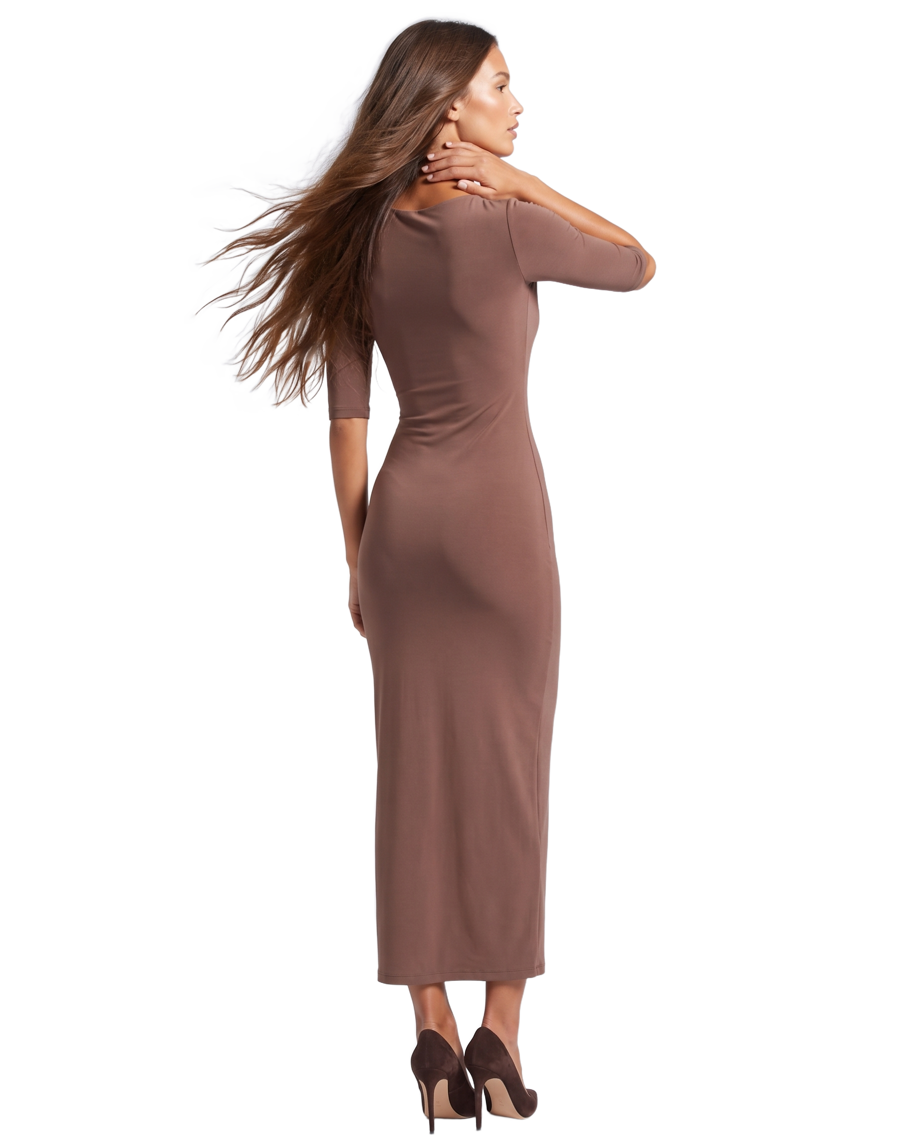 Talia Half Sleeve V-Neck Long Dress Cocoa - model back