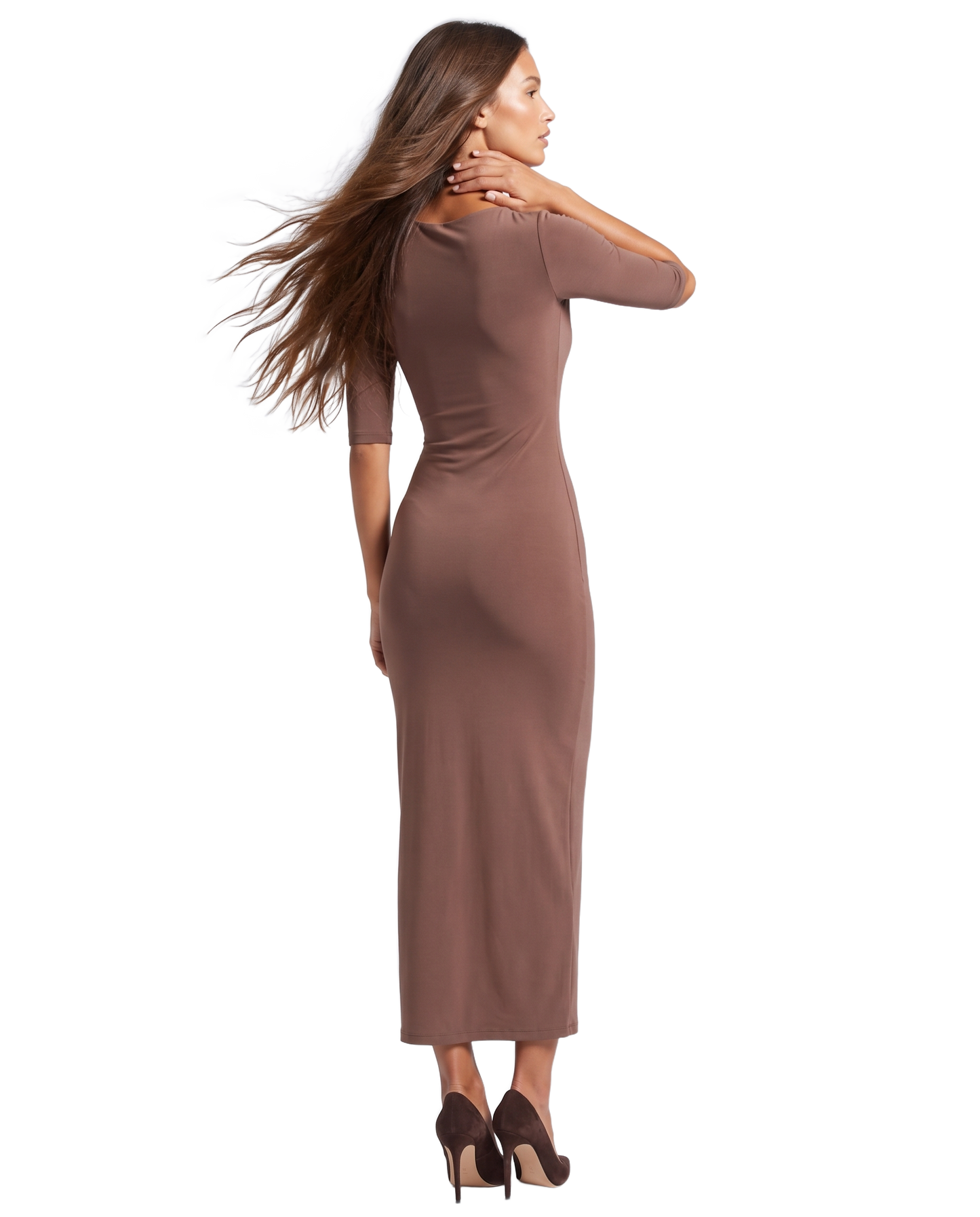Talia Half Sleeve V-Neck Long Dress Cocoa - model back