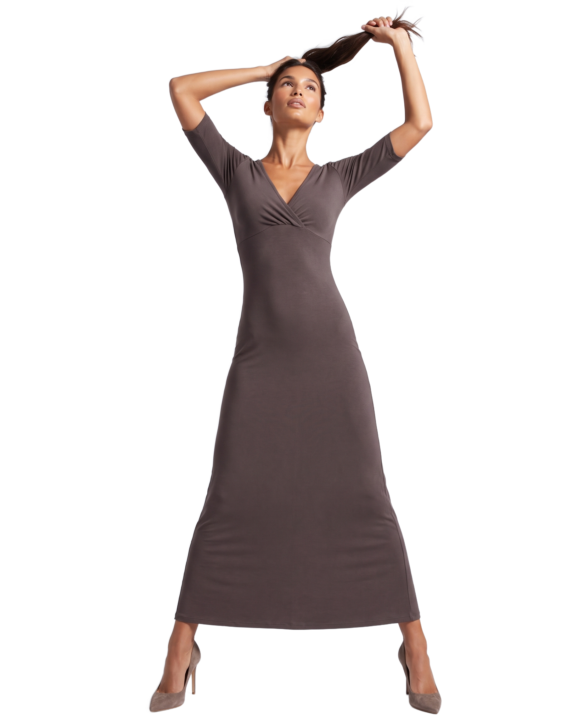Talia Half Sleeve V-Neck Long Dress Dark Taupe - model front