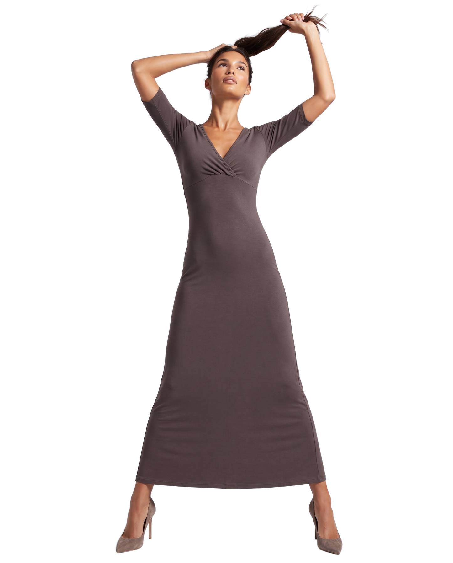Talia Half Sleeve V-Neck Long Dress Dark Taupe - model front