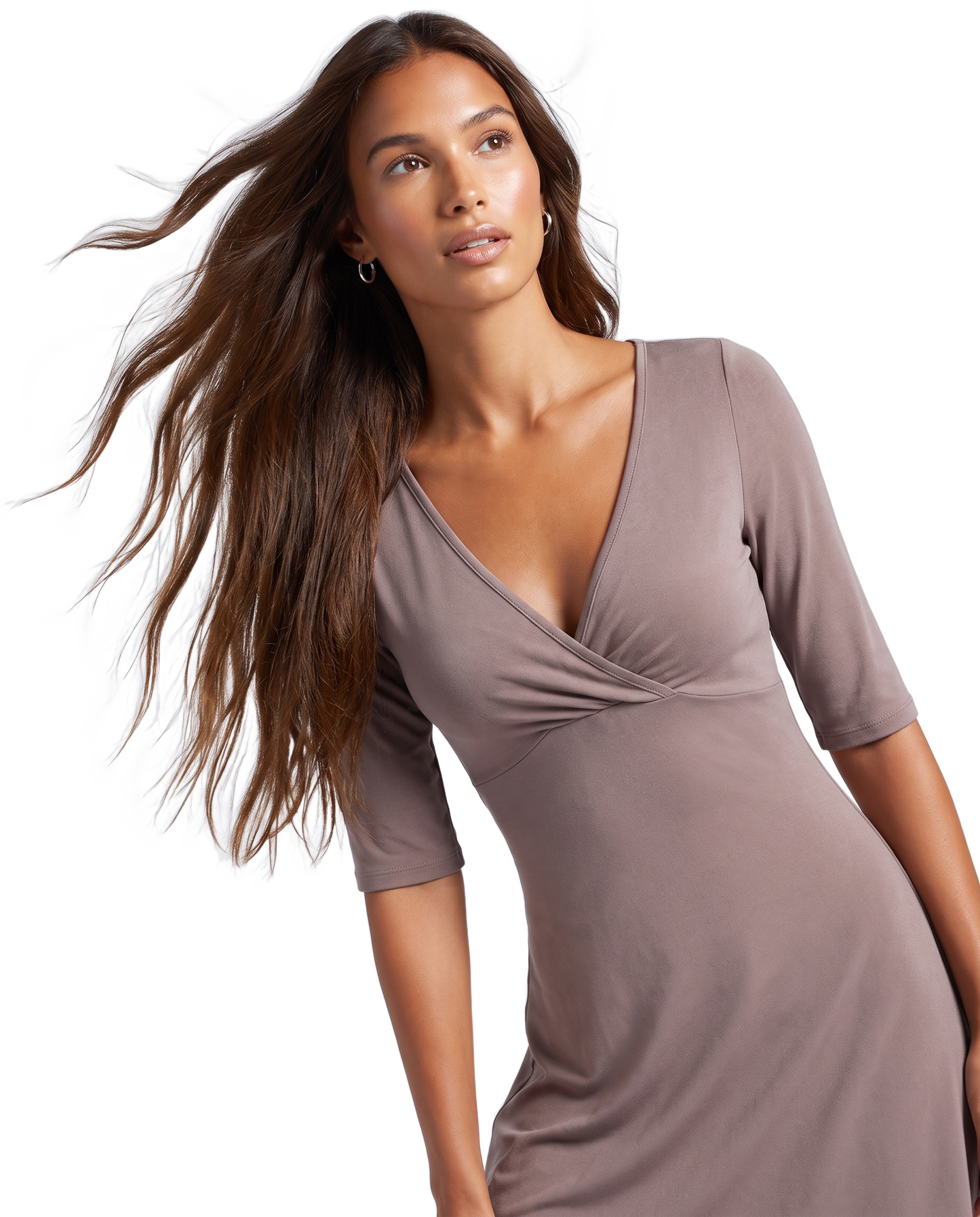 Talia Half Sleeve V-Neck Short Dress Taupe - model upper body