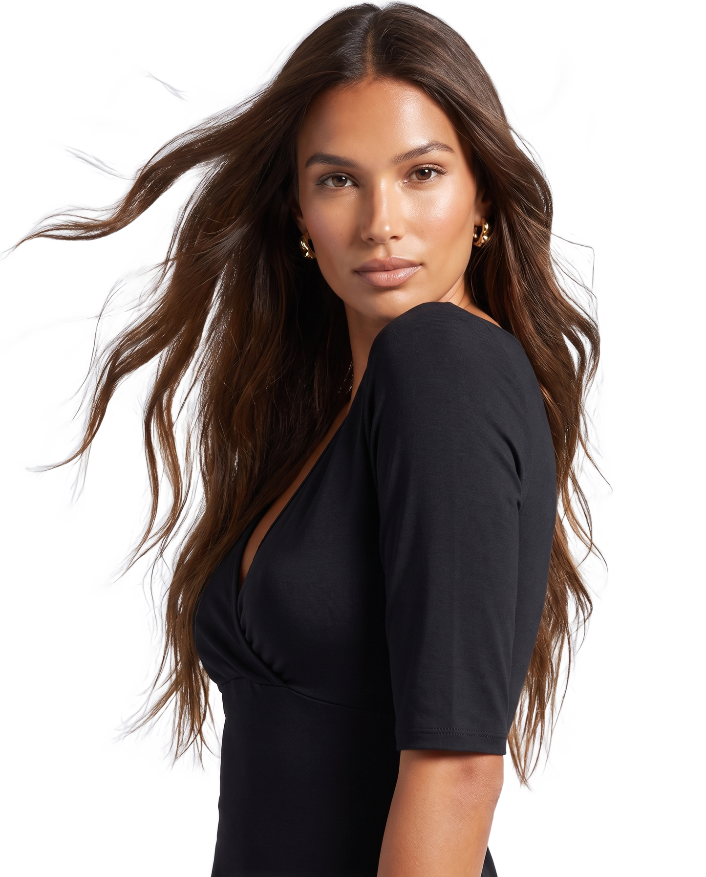 Talia Half Sleeve V-Neck Short Dress Black - model upper body