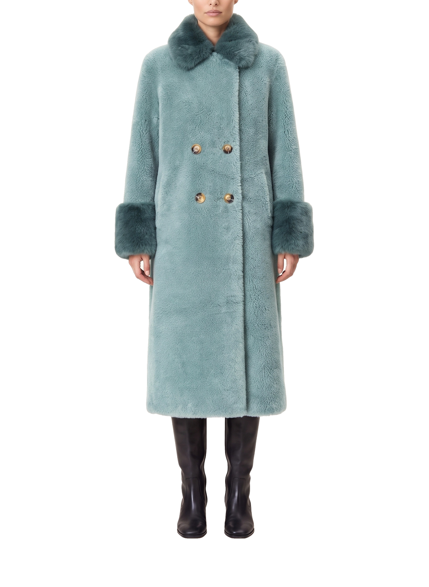 Fiona Wool Coat Long Turquoise Model Front