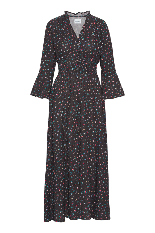 Sally Cotton Long Dress Black w/ Mixed Flower