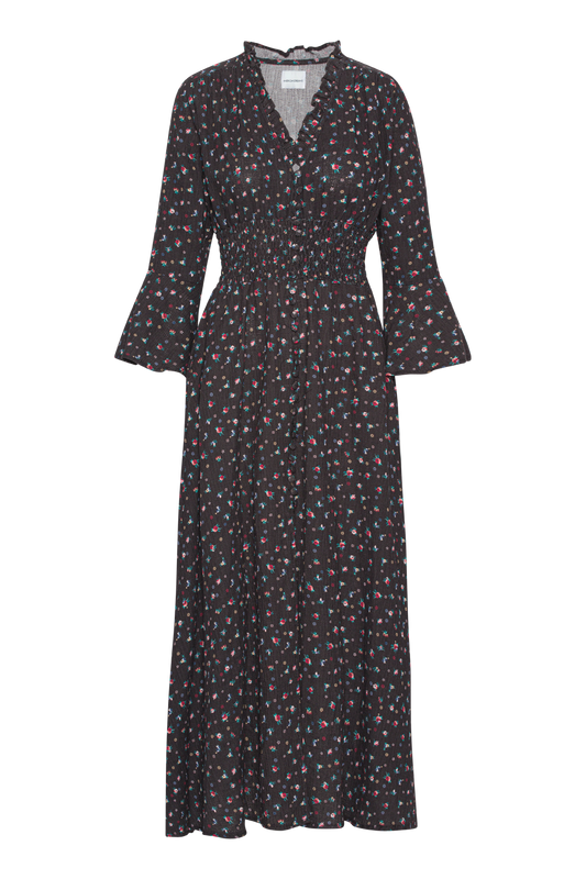 Sally Cotton Long Dress Black W/ Mixed Flower
