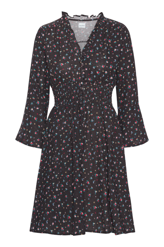Sally Cotton Short Dress Black w/ Mixed Flower