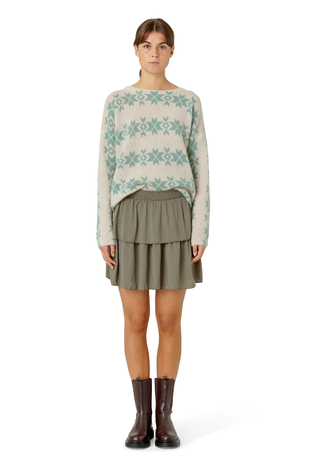 Eva Nordic Pullover Beige With Green Print - Sample