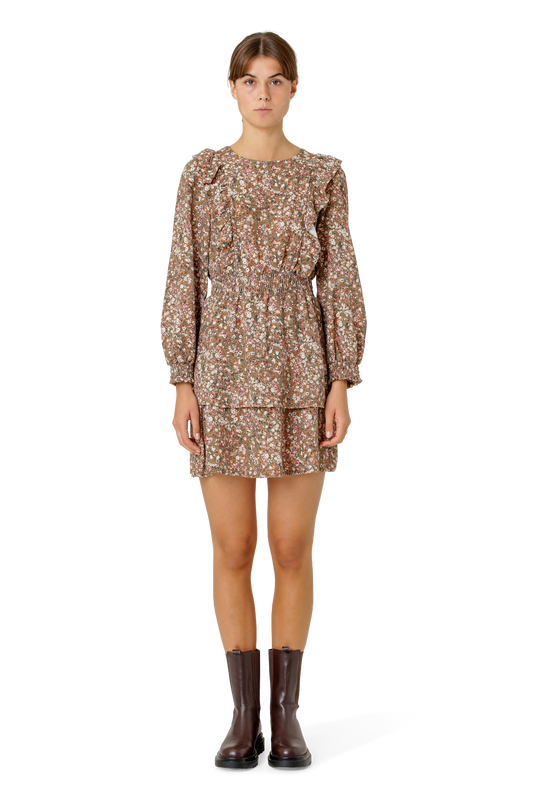Patricia Long Sleeve Short Dress Brown Flower - Sample