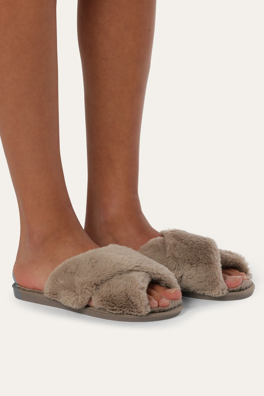 Lou Faux Fur Slippers Taupe
