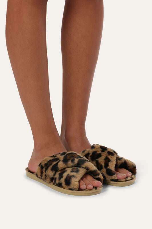 Lou Faux Fur Slippers Brown Leo