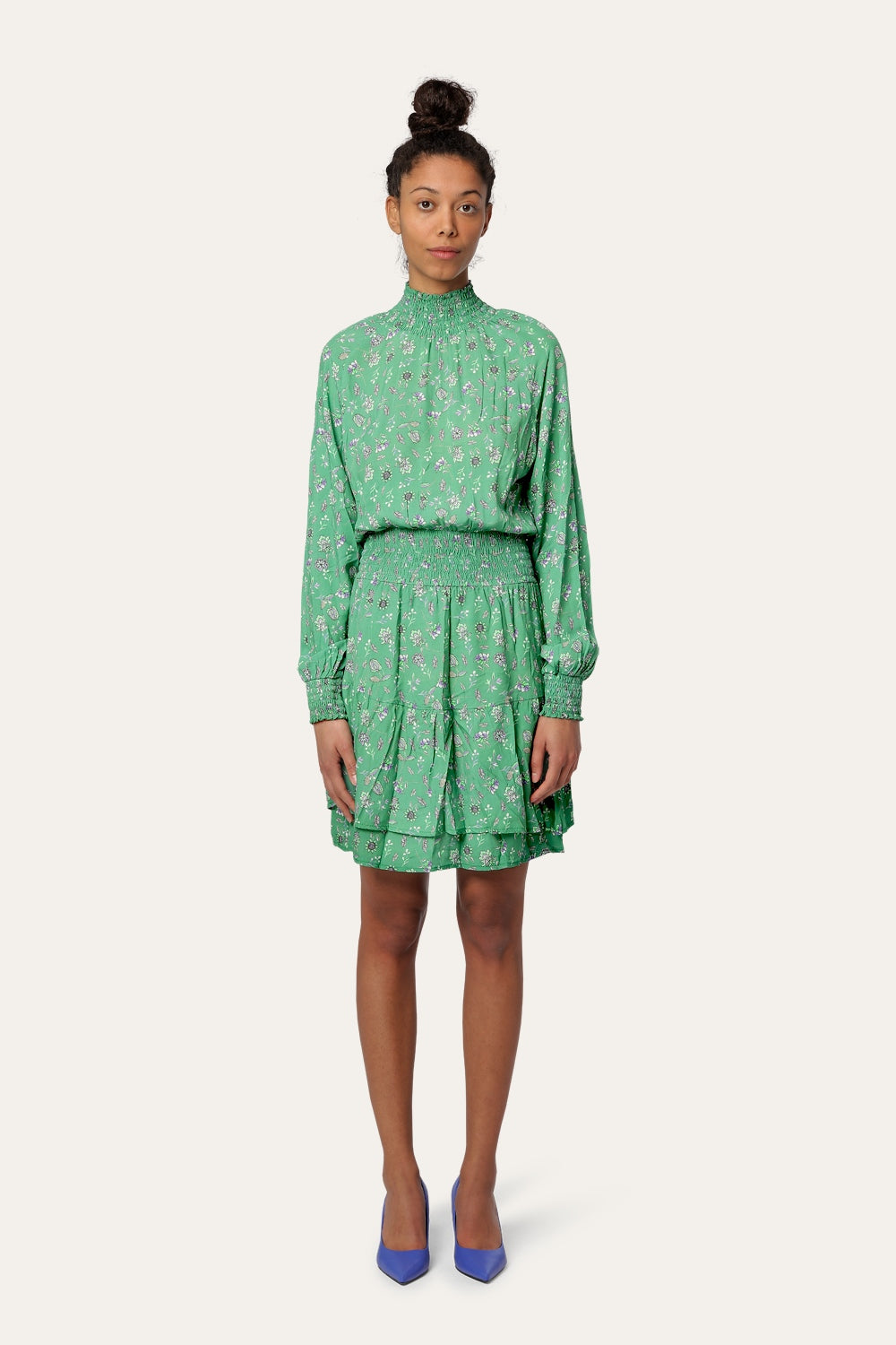 Daniella High Neck Dress Short Green Flower