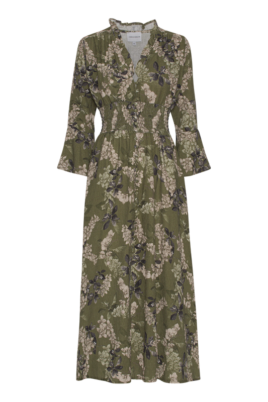 Sally Cotton Long Dress Army Green Flower