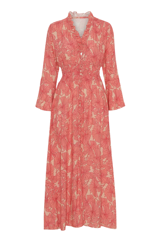 Sally Long Dress Coral Red Printed - Sample