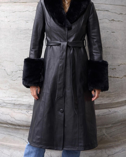 Bella Leather Coat Long Black - Sample