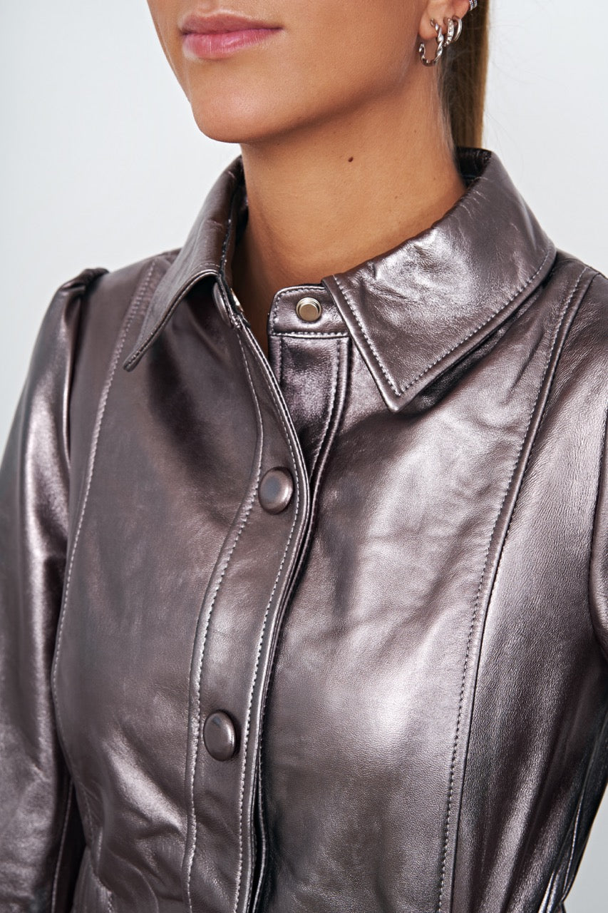 Alice Leather Button Dress Metallic Grey - Sample